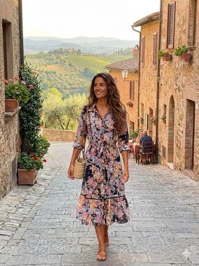 Harlow & Rose Black Floral Long Sleeve Flowy Button Down Midii Dress Size Large